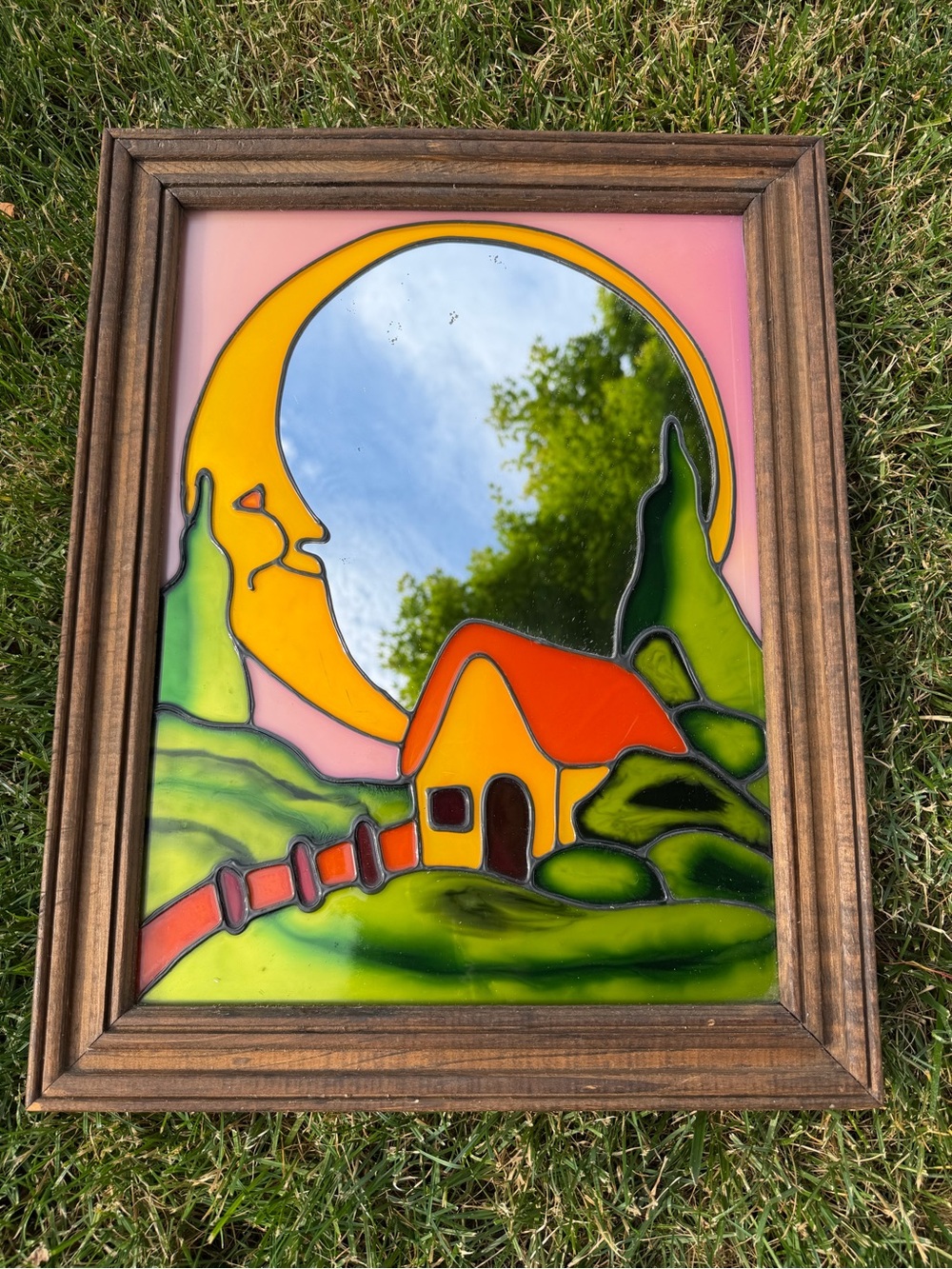 Mirror Stained Glass Cottage Art Panel with Moon